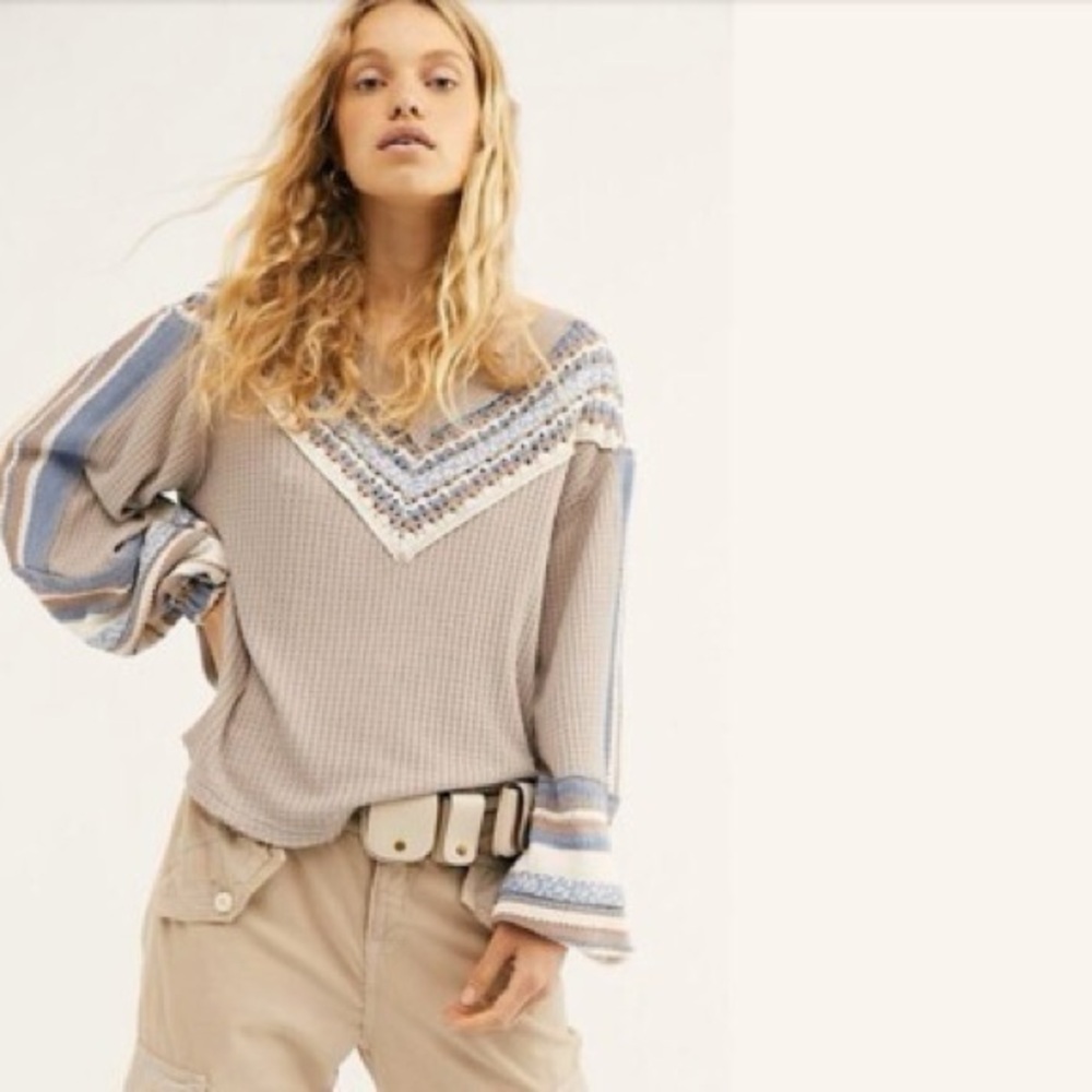 Free People Taupe and Blue Waffle Knit Long Sleeve Top